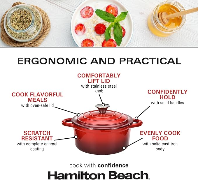 Hamilton Beach 3-Quart Enameled Cast Iron Dutch Oven with Lid | Heavy-Duty Pot for Braising
