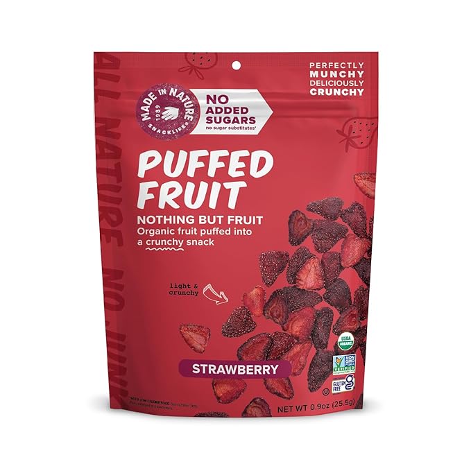 Made In Nature Organic Puffed Fruit, Strawberry, 0.9 Ounce Bag (Pack of 6) - Vegan Snack, Non-GMO