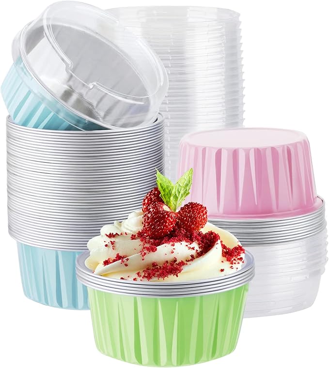 EUSOAR Foil Ramekins Disposable, 60Packs 5oz Baking Cups with Lids Aluminum Foil Mini Cupcake