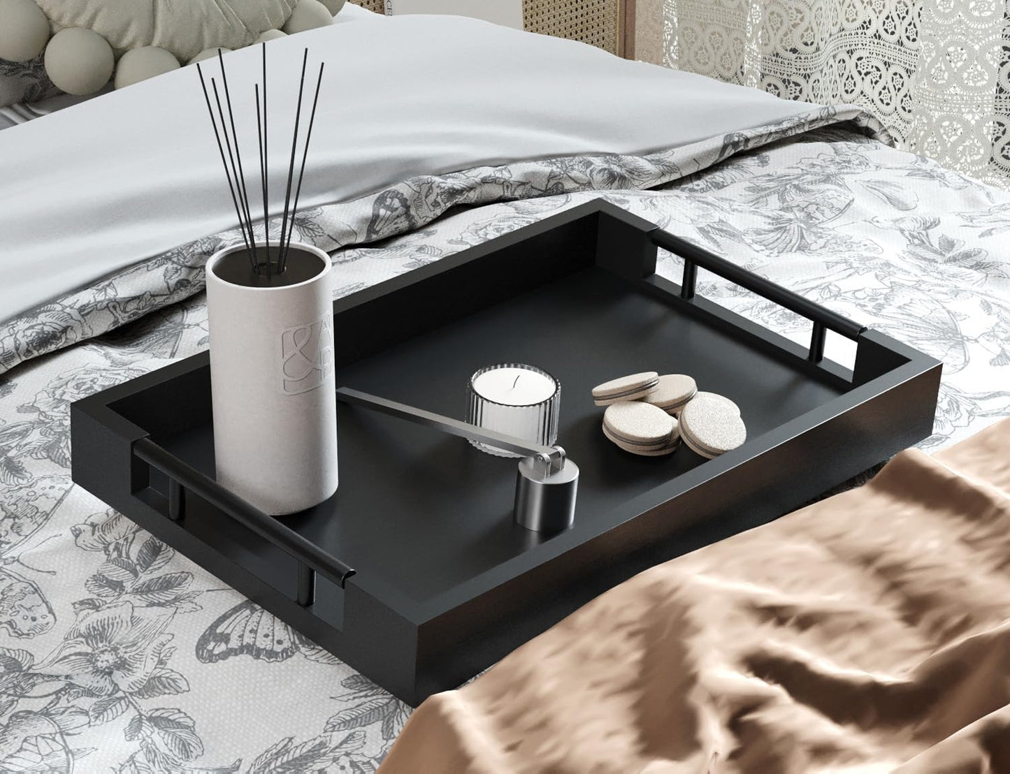 Fibogollo Bamboo Serving Trays with Metal Handles,Medium(Black)