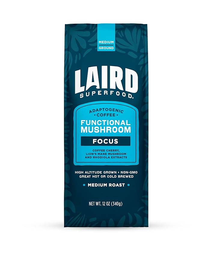 Laird Superfood Focus Coffee, Medium Roast Ground Coffee Infused with Functional Mushrooms and