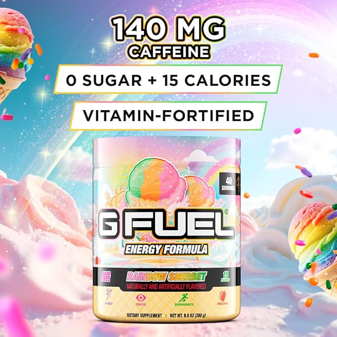 G Fuel Rainbow Sherbet Energy Drink Powder, Pre Workout Caffeine Mix for Gaming, Sugar Free Focus