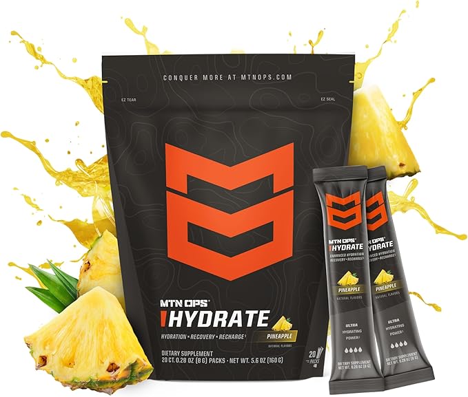 MTN OPS Hydrate Electrolytes Powder Drink Mix, 20 Single Serving On-The-Go Electrolyte Packs with