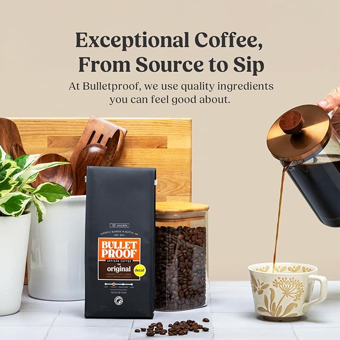 Bulletproof Original Medium Roast Whole Bean Decaf Coffee, 12 Ounces, Coffee Tested for Toxins
