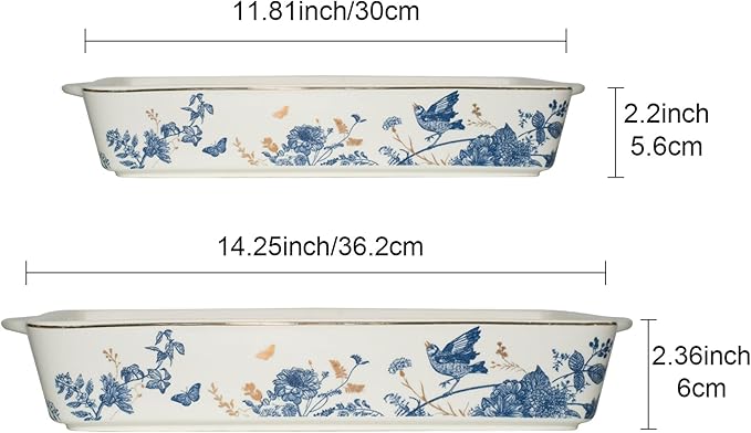Baking Pans Set of 2 Blue flower 14 inch Ceramic for Oven Large Casserole Baking Dish Set with