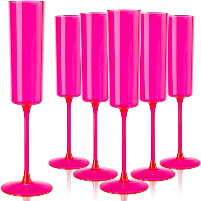 Ciaell 24 Pack Plastic Champagne Flutes - Hot Pink 6 Oz Disposable Champagne Glasses - Square
