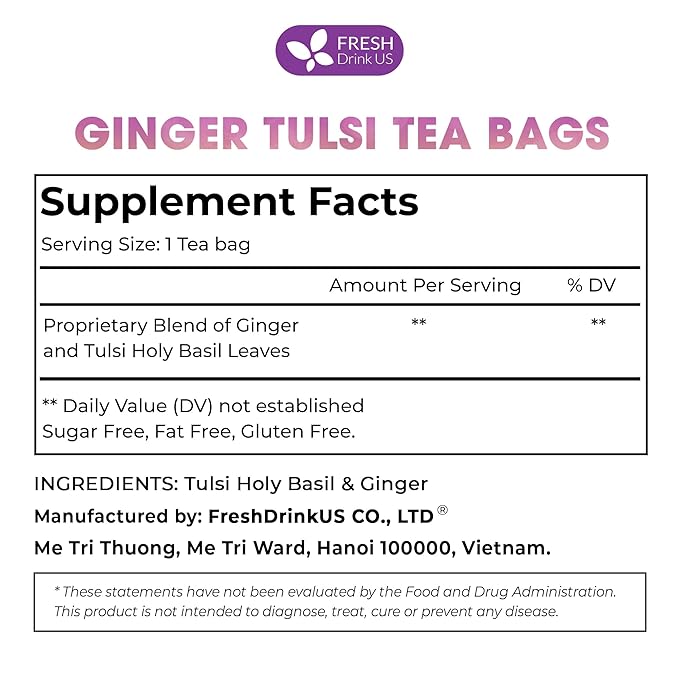 FreshDrinkUS, Premium 135 Ginger Tulsi Tea Bags, 100% Natural, Hand-made Blend of Ginger and Tulsi