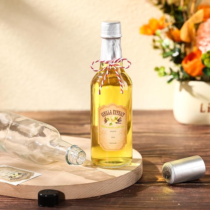 Tioncy 16 Pcs Vanilla Extract Bottles for Homemade Vanilla Jar Glass Bottle with Cap, Shrink Band