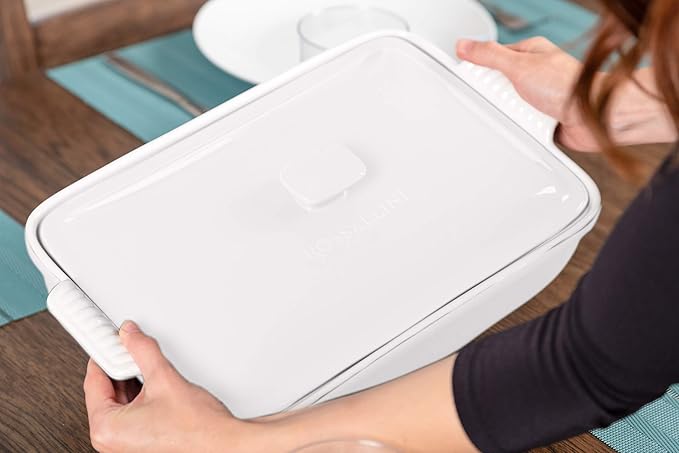 Stoneware Casserole Dish Bakeware Set with Lid, Covered Rectangular Dinnerware, Extra Large 4.23