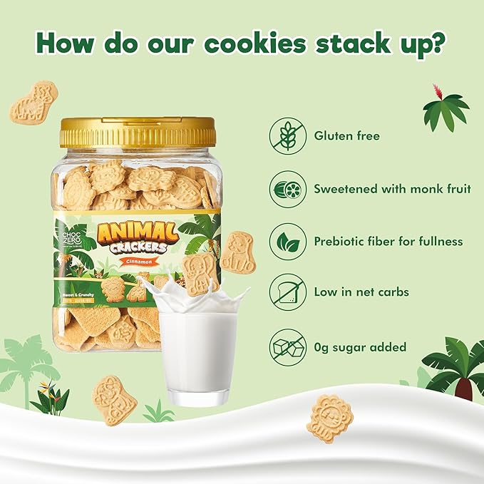 ChocZero Animal Crackers Cookies, Cinnamon Flavored, Gluten Free, Low Carb, No Added Sugar, 12