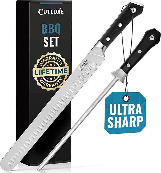 Cutluxe BBQ Knife Carving Set – 12" Brisket Knife & 10" Honing Rod, Butcher Knife Set for Meat