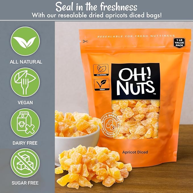 Oh! Nuts Dried Apricot - 1 lb - Dried Fruit Diced - No Sugar Added - Dehydrated Fruit Bites
