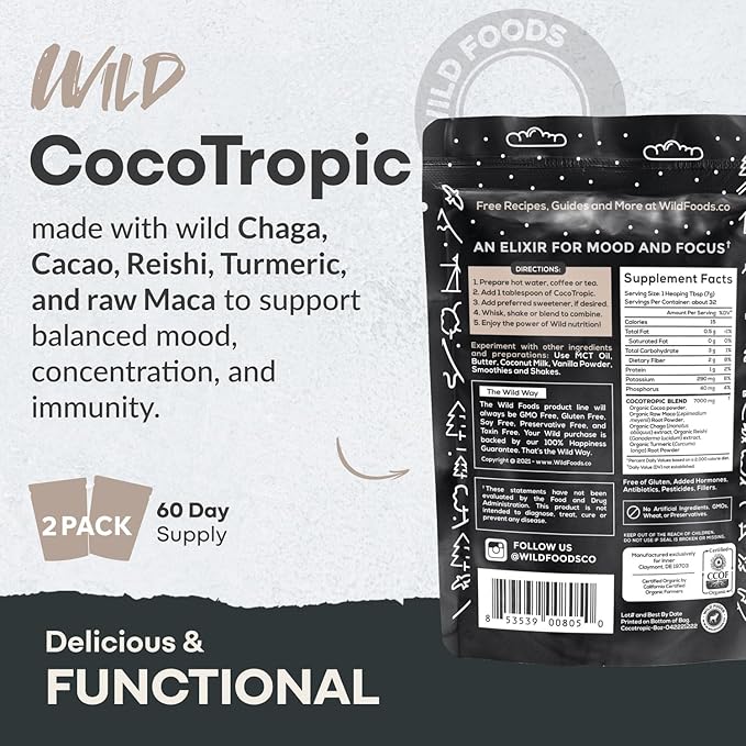 Organic Cocotropic Superfood Mushroom Hot Chocolate Mix, 8 oz | Non-GMO, Vegan, Gluten Free, Reishi