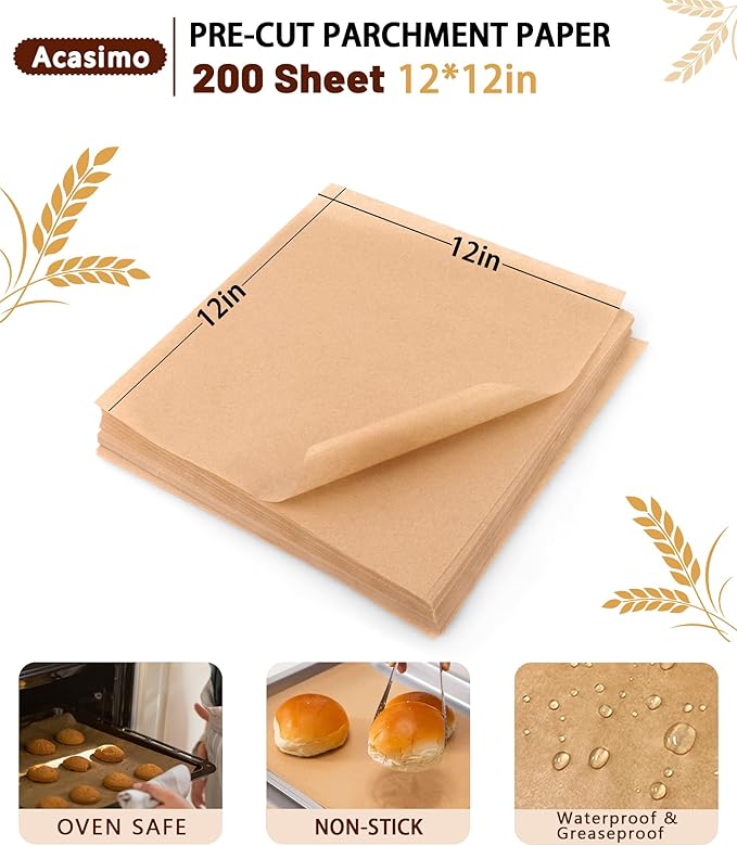 Parchment Paper Sheets, 200Pcs 12x12 Inch Squares Precut Parchment Sheets for Baking, Grilling, Air