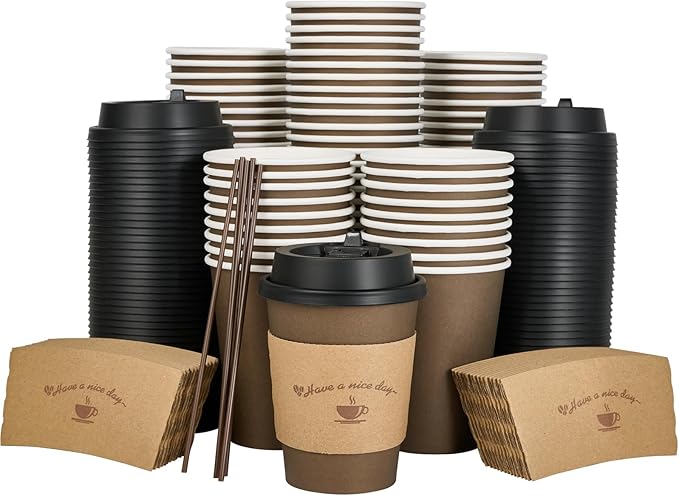 LITOPAK 100 Pack 12 oz Paper Coffee Cups with Lids, Sleeves, and Stirring Sticks for Coffee, Water