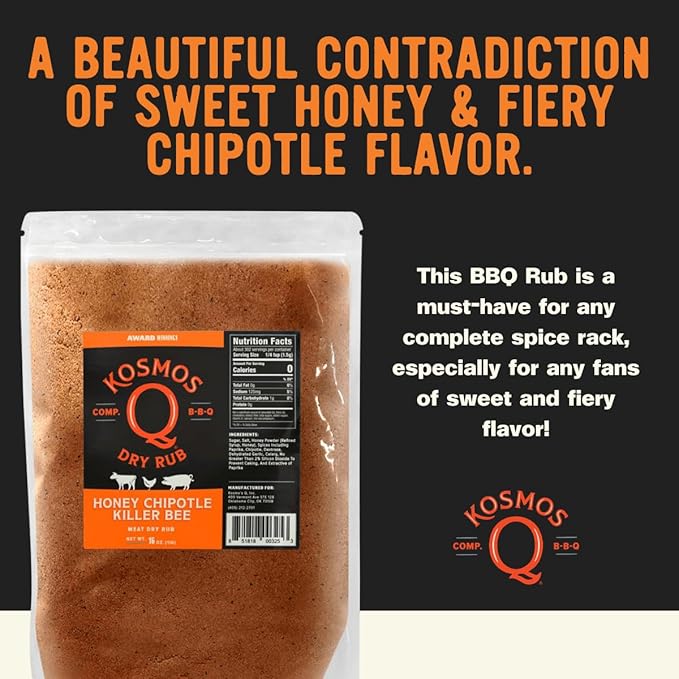 Kosmos Q Honey Chipotle Killer Bee BBQ Dry Rub, Sweet and Spicy Seasoning with Sugar, Chipotle