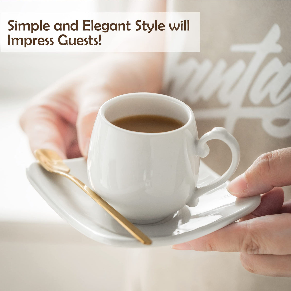 LYEOBOH Espresso Cups with Saucers Set, Porcelain Coffee Cups and Metal Stand and Spoons, Small