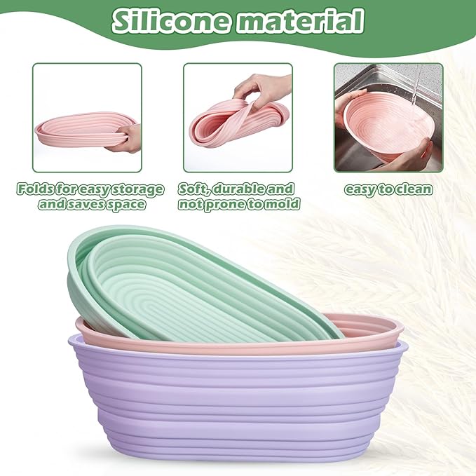 Nuogo 9 Pack Oval Bread Proofing Basket Silicone 10 Inch Collapsible Sourdough Bread Baking