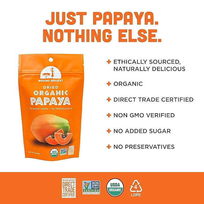 Mavuno Harvest Papaya Dried Fruit Snacks | Organic Dried Papaya Slices | Gluten Free Healthy Snacks