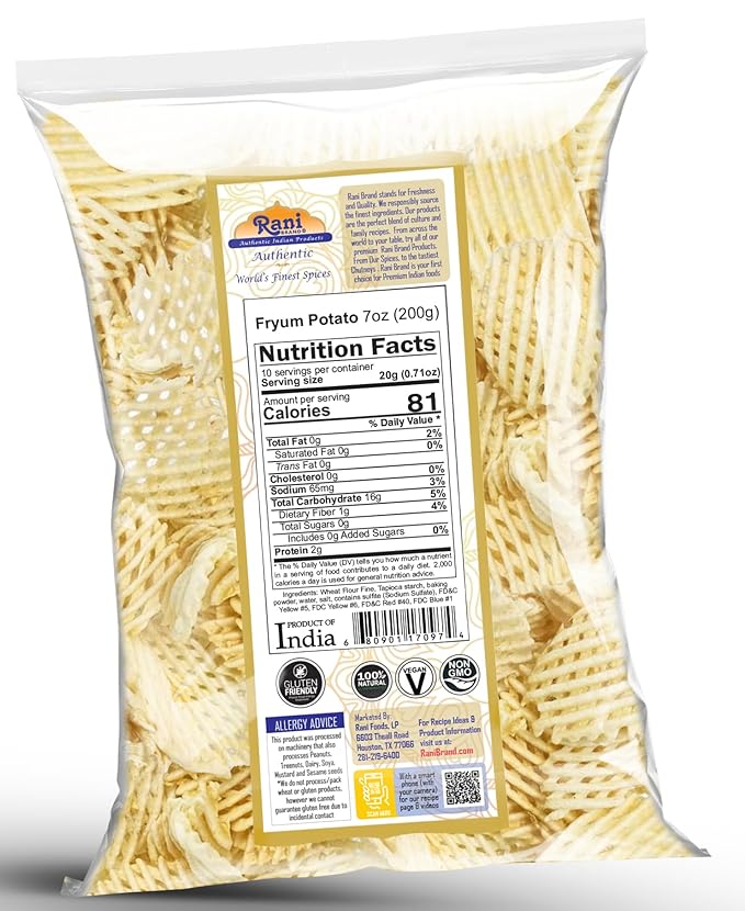 Rani Far Far / Fryums (Wheat & Tapioca Pellet) Potato Jhali 7oz (200g) ~ Vegan, Kosher, Uncooked