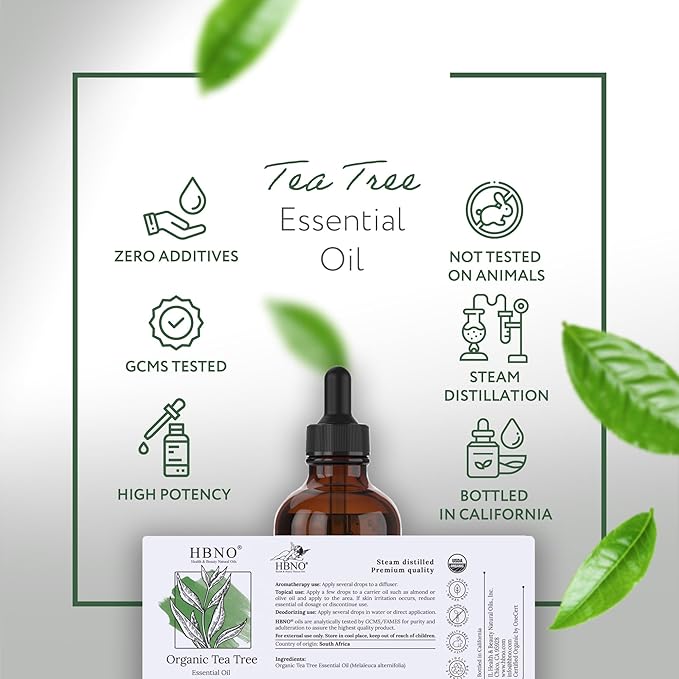 HBNO California Bottled Organic Tea Tree Oil for Skin & Hair - 4 fl oz (120ml) - USDA Certified