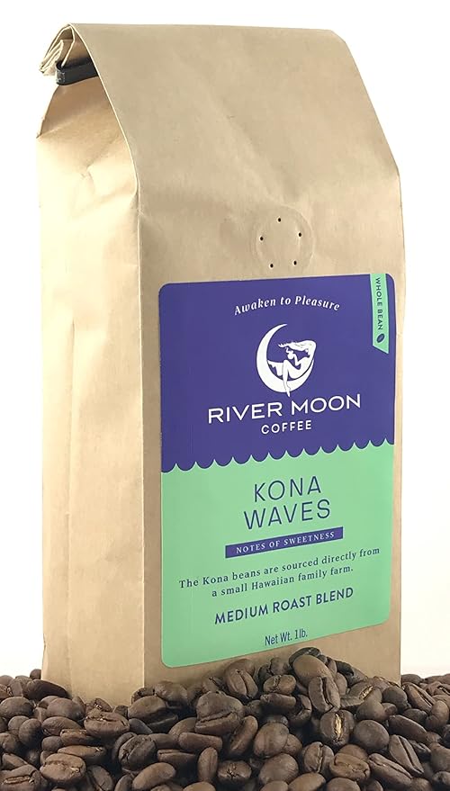 River Moon Coffee, Kona Coffee Whole Bean, Medium Roast, 16 Ounce, Kona Waves Hawaiian Blend