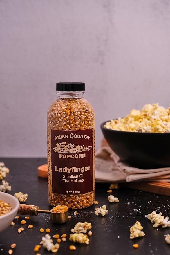 Amish Country Popcorn | 2-14 oz Bottles | Ladyfinger Popcorn Kernels | Old Fashioned, Non-GMO and