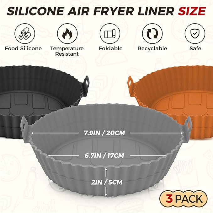 Beauty 3 Pack Air Fryer Liners - 8 Inch Silicone Pot, Reusable Food Grade, Baking Basket