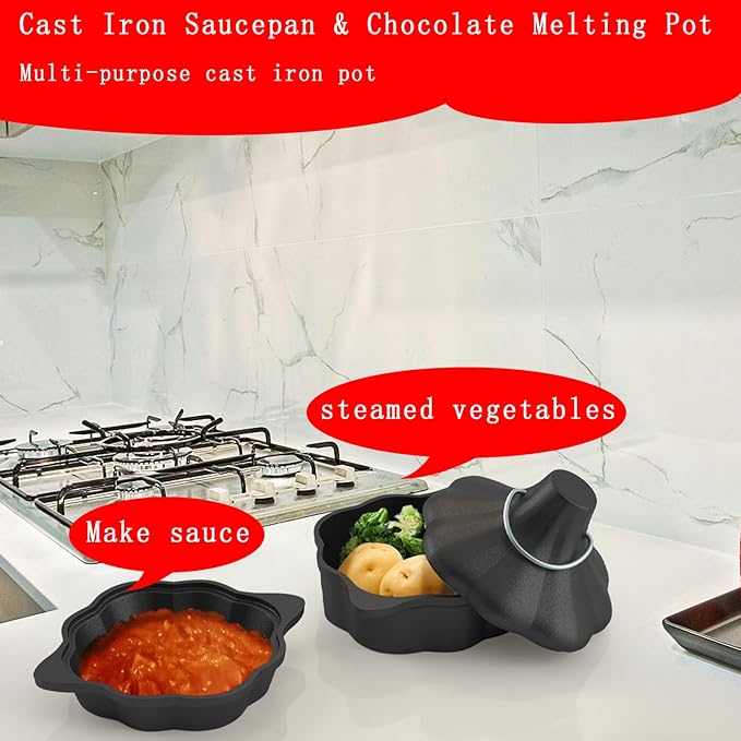 Cast Iron Saucepan & Chocolate Melting Pot, Small Sauce Pan & Tart Pan with Lid and Steamer, Garlic