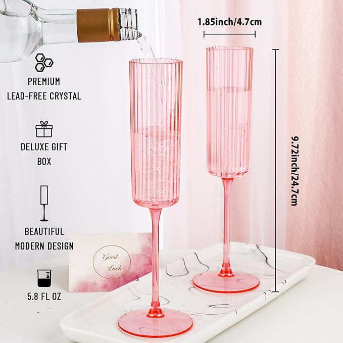 Ciaell 24 Pack Pink Plastic Champagne Flutes - 6oz Ribbed Disposable Champagne Glasses - Pink