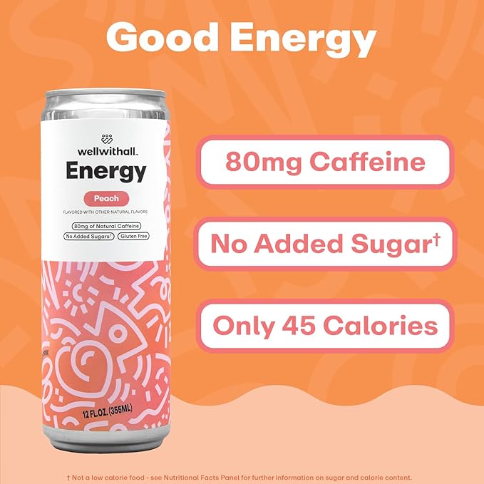 WellWithAll Peach Energy Drink ??Caffeine from Tea ??With Vitamin C ??Lightly Sparkling Beverage