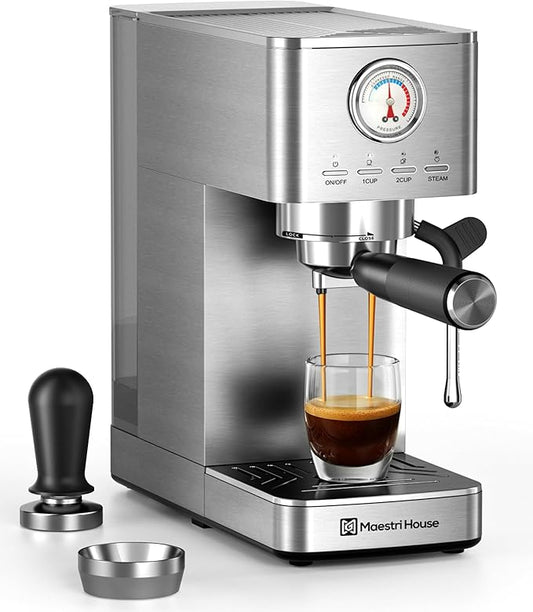 Maestri House Espresso Machine, 20 Bar ULKA Pump, Compact Espresso Maker Built-in Flow Meter Steam