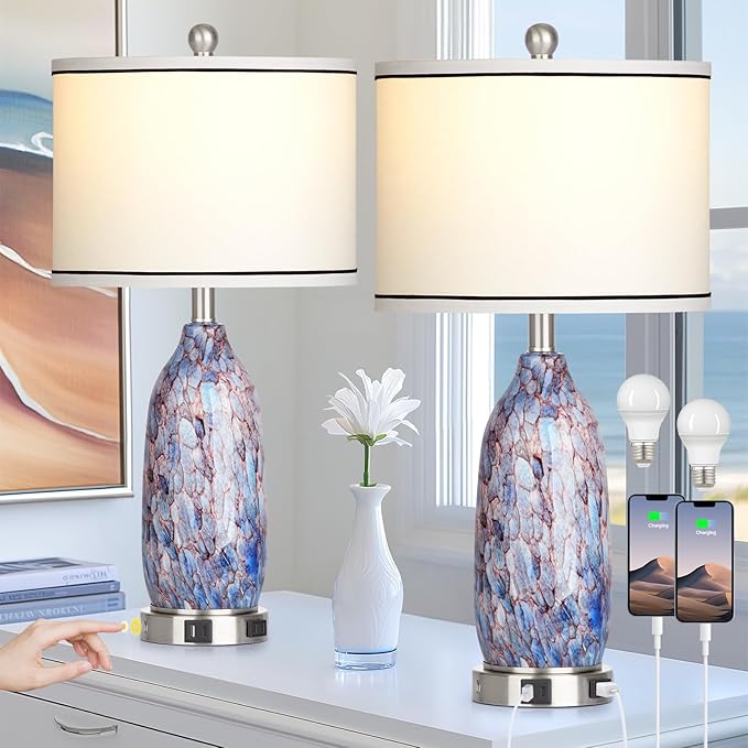 Coastal Lamps with USB A+C Ports & LED Night Light, Unique Seashells Glass Table Lamps with Natural