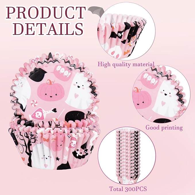 300Pcs Halloween Cupcake Liner Pink Boo Ghost Baking Cup Paper Muffin Cupcake Wrapper for Trick or