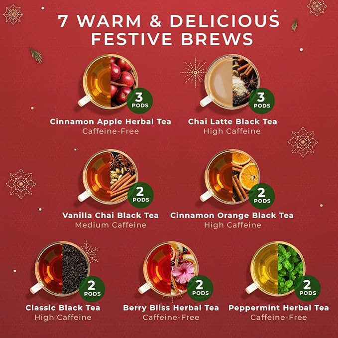 Gya Tea Co Christmas Collection Tea Gift Set (16 ct) - Assorted Tea Pod Variety Pack with 7 Warm
