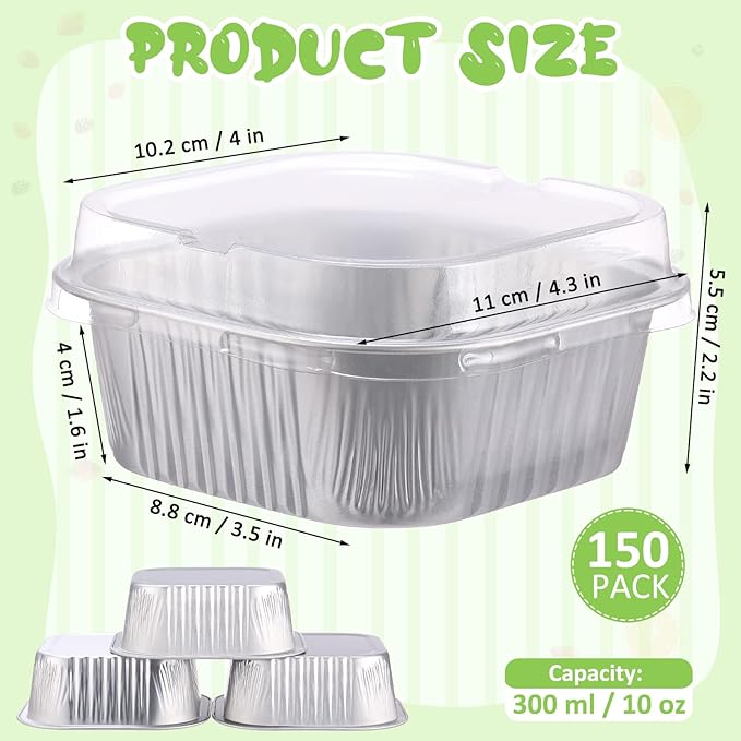 Aoriher 150 Pieces 10 oz Mini Cake Pans with Lids Aluminum Foil Baking Cups Square Disposable 4" x