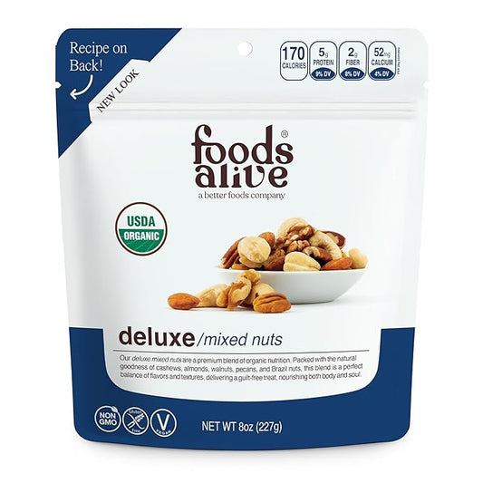 Foods Alive Organic Deluxe Mixed Nuts, 8oz, Kosher Blend of Premium Organic Cashews, Almonds