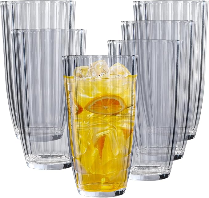 Acrylic Clear Highball Plastic Cups | Plastic Reusable Tumblers 20oz (Set of 6) | Stackable |
