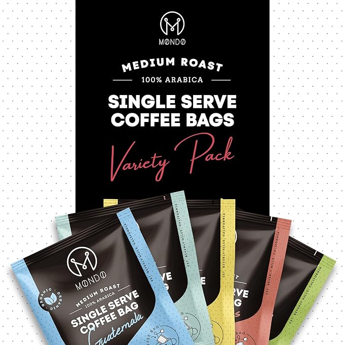 Mondo Single Serve Coffee Bags (20 Cups) Variety Pack - Organic, Medium Roast - Disposable