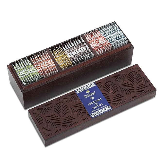 Octavius Gift's Select - Assorted Tea in Leafcut Design Wooden Box | 6 Flavors, 60 Tea Bags | Black