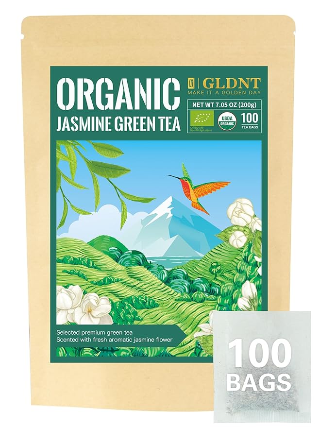 GLDNT Organic Jasmine Green Tea Bags, Organic Green Tea Scented with Jasmine Flowers, Floral Aroma