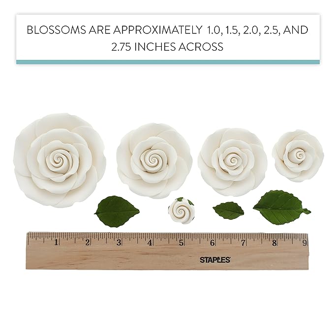Global Sugar Art Exquisite Rose & Leaf Tray Edible Sugar Cake Flowers, White Unwired, 5 Count by