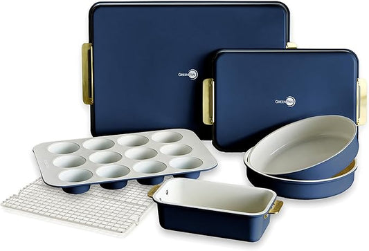 GreenPan Bakeware Set, 7 Piece Nonstick Ceramic Gold Handle Baking Sheets, Cake Pans, Loaf Pan