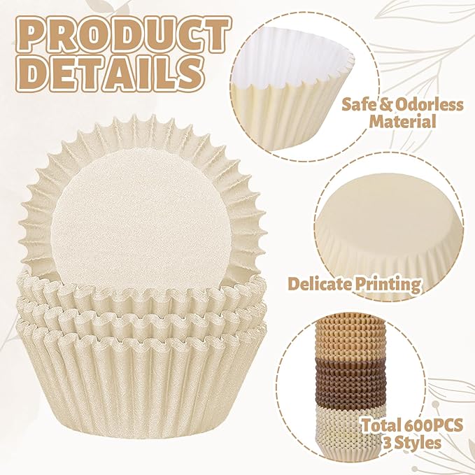 Whaline 600Pcs Brown Neutral Cupcake Liners Fall Color Brown Gradient Color Baking Cups Tan