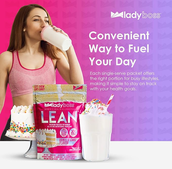 LadyBoss Lean Protein Shake Vanilla Cake Flavor - Meal Replacement & Craving Support with Grass-Fed