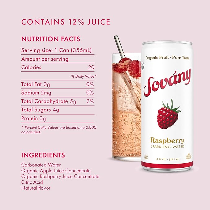 Sovány Sparkling Water, Raspberry, Seltzer Water Drinks, USDA Organic, Made With Real Fruit