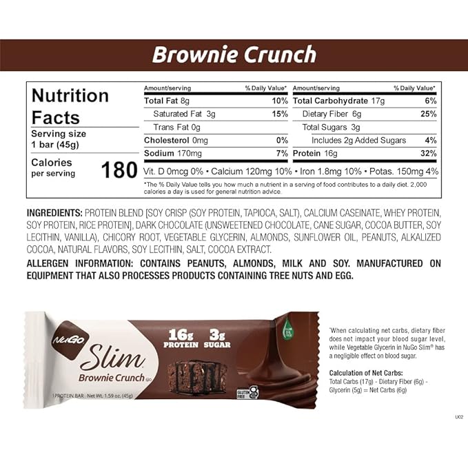 Nugo Slim Dark Chocolate Brownie Crunch, 16g Protein, 2g Sugar, 7g Fiber, Low Net Carb, Keto