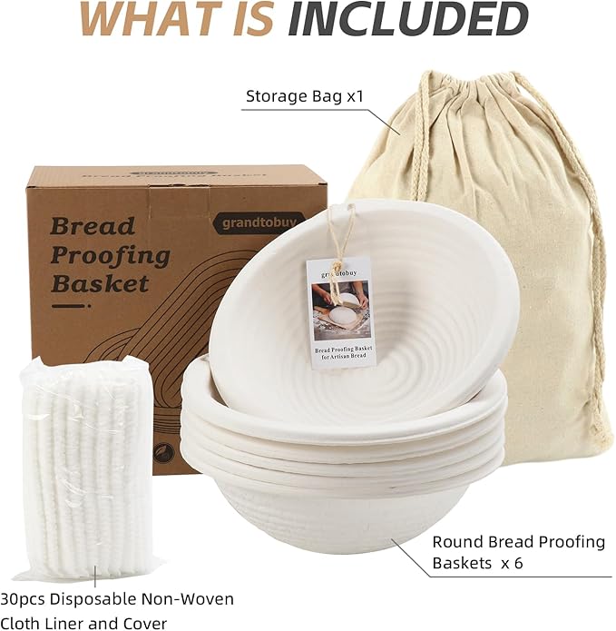 6x 10inch Round Pulp Sourdough Banneton Bread Proofing Basket Brotform Baking Supply with 30pcs