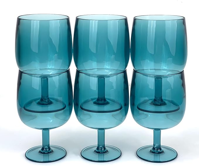 Yalin Set of 6 Unbreakable 12 oz Acrylic Plastic Wine and Water Tumbler Stackable Goblets. (Cyan