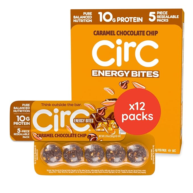 CirC Energy Bites - 12 Pack Caramel Chocolate Chip Gluten Free Protein Balls - 10g Protein, Whole